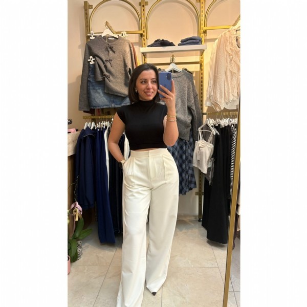 Yüksek Bel Bol Paça Beyaz Kumaş Pantolon